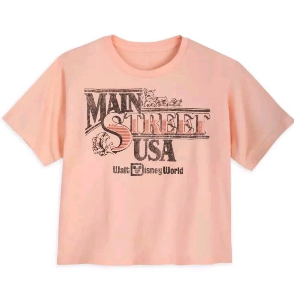 Disney Parks Women’s Magic Kingdom Main Street USA Peach Cropped T-Shirt